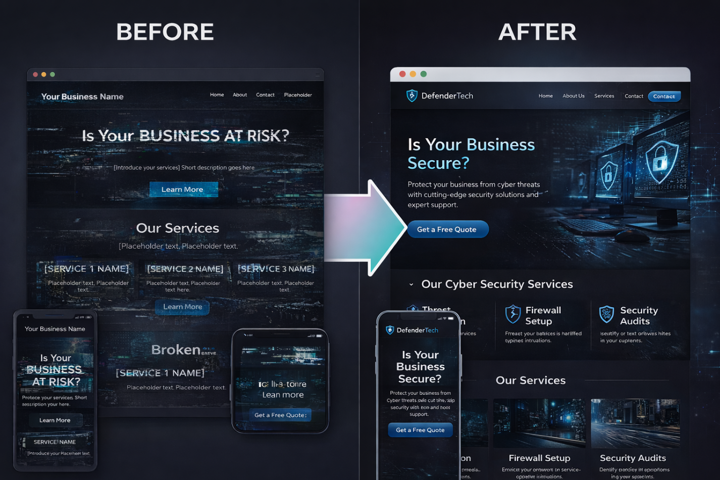 Before and after website redesign comparison showing layout, design and UX improvements